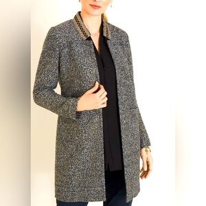 Chico’s Boucle Topper Longline Open Front Charcoal Gray Gold Thread Blazer 8/10